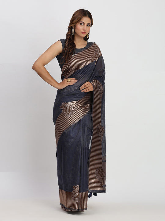 Navy Blue TAARINI Linen Cotton Saree with Blouse Piece