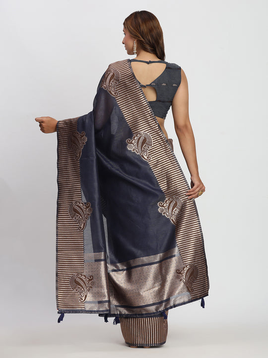 Navy Blue TAARINI Linen Cotton Saree with Blouse Piece