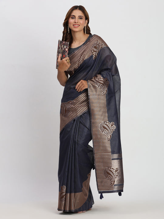 Navy Blue TAARINI Linen Cotton Saree with Blouse Piece