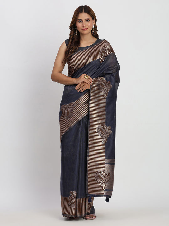 Navy Blue TAARINI Linen Cotton Saree with Blouse Piece