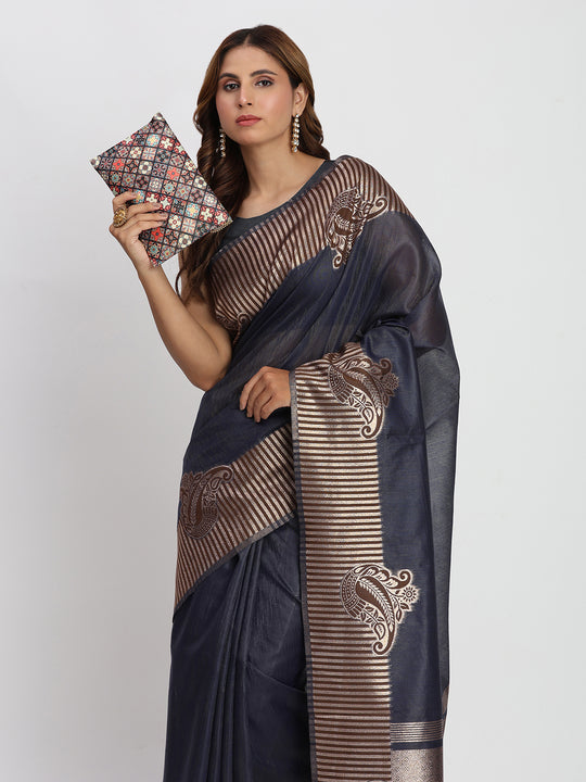 Navy Blue TAARINI Linen Cotton Saree with Blouse Piece