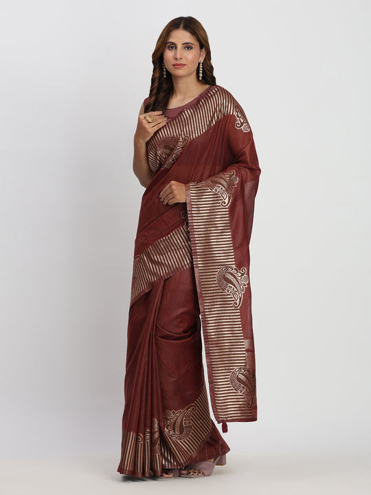 Maroon TAARINI Linen Cotton Saree with Blouse Piece