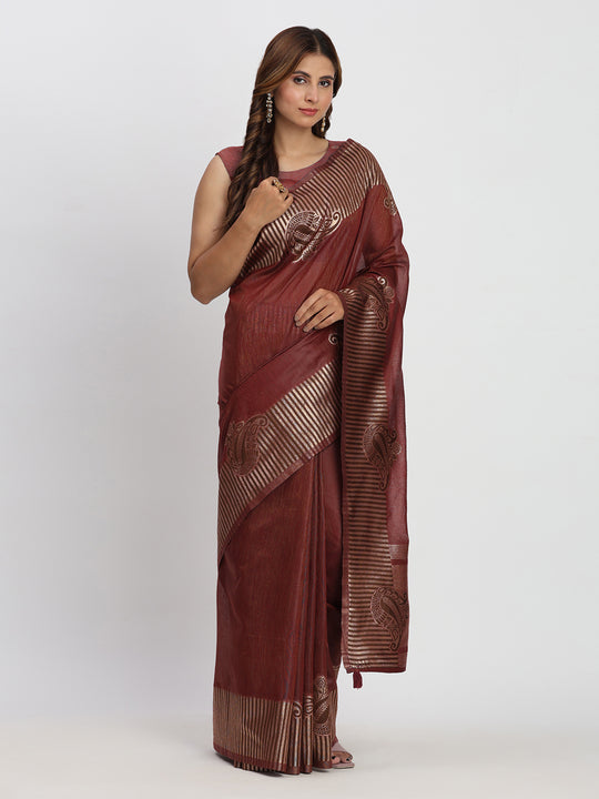 Maroon TAARINI Linen Cotton Saree with Blouse Piece