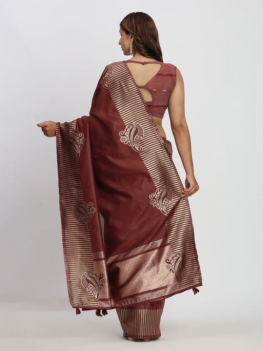 Maroon TAARINI Linen Cotton Saree with Blouse Piece
