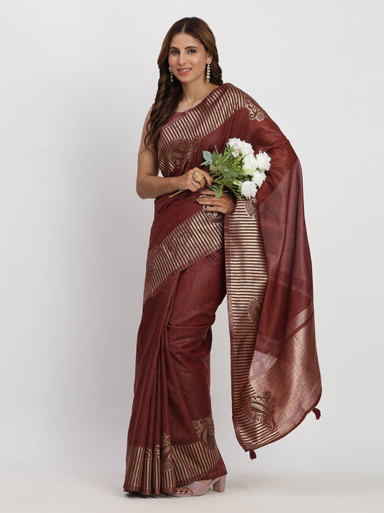 Maroon TAARINI Linen Cotton Saree with Blouse Piece