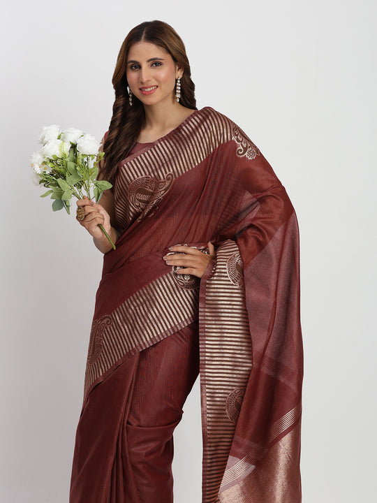 Maroon TAARINI Linen Cotton Saree with Blouse Piece