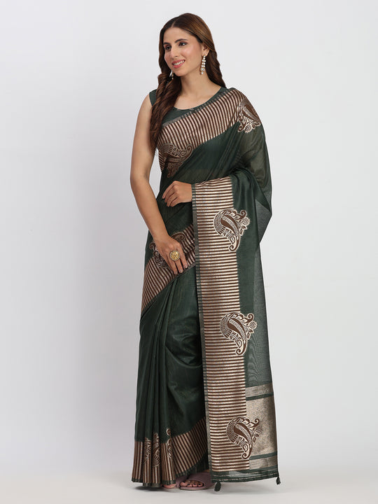 Dark Green TAARINI Linen Cotton Saree with Blouse Piece