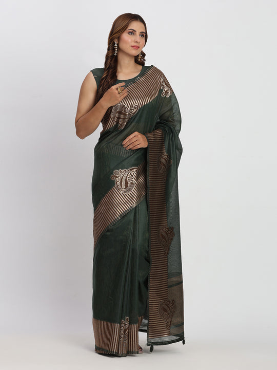 Dark Green TAARINI Linen Cotton Saree with Blouse Piece