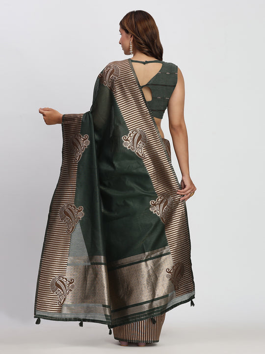 Dark Green TAARINI Linen Cotton Saree with Blouse Piece