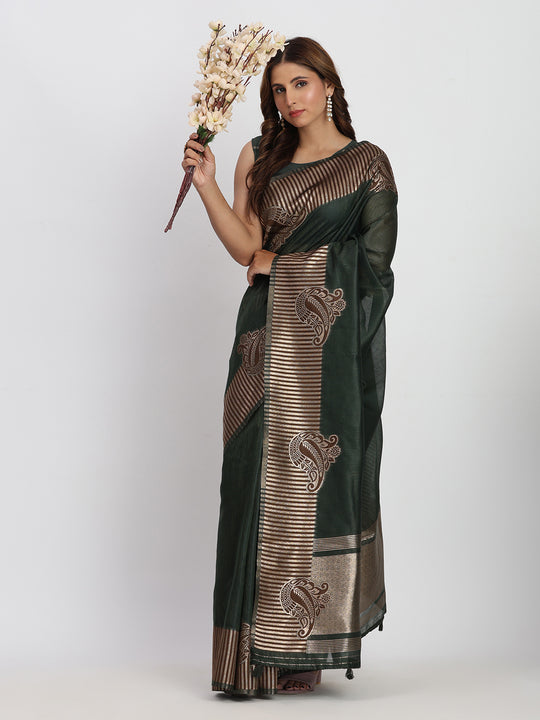 Dark Green TAARINI Linen Cotton Saree with Blouse Piece