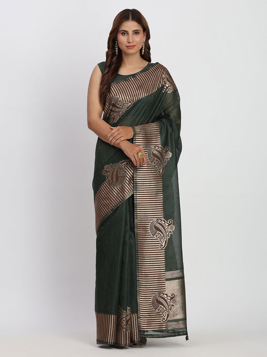 Dark Green TAARINI Linen Cotton Saree with Blouse Piece
