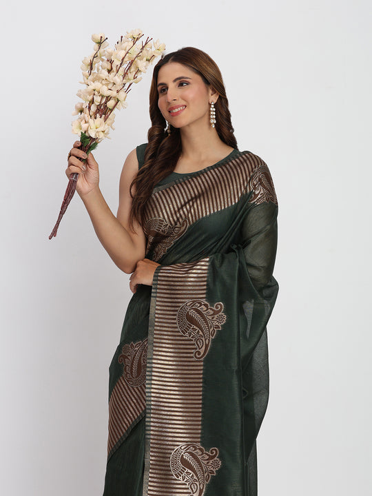 Dark Green TAARINI Linen Cotton Saree with Blouse Piece