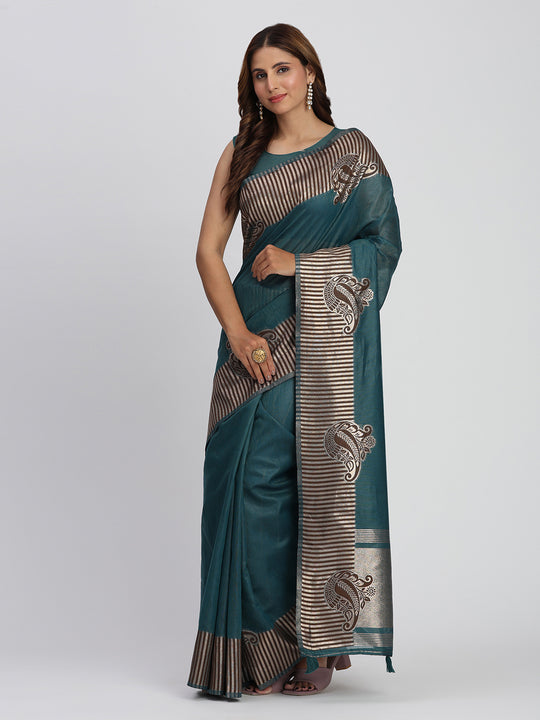 Sea Green TAARINI Linen Cotton Saree with Blouse Piece