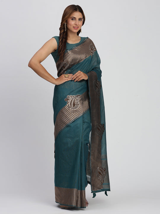 Sea Green TAARINI Linen Cotton Saree with Blouse Piece