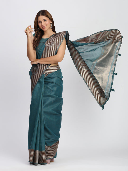 Sea Green TAARINI Linen Cotton Saree with Blouse Piece