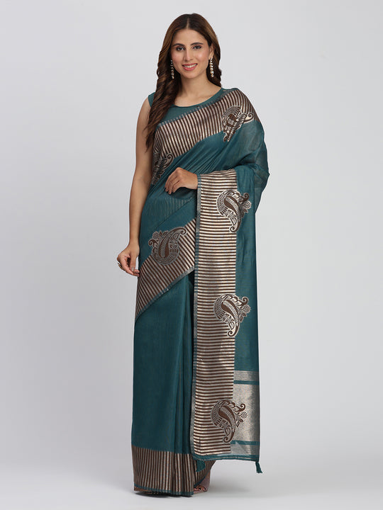 Sea Green TAARINI Linen Cotton Saree with Blouse Piece