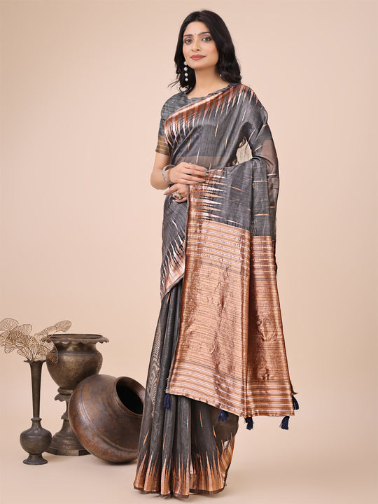 Grey Linen Cotton Saree With Blouse Piece