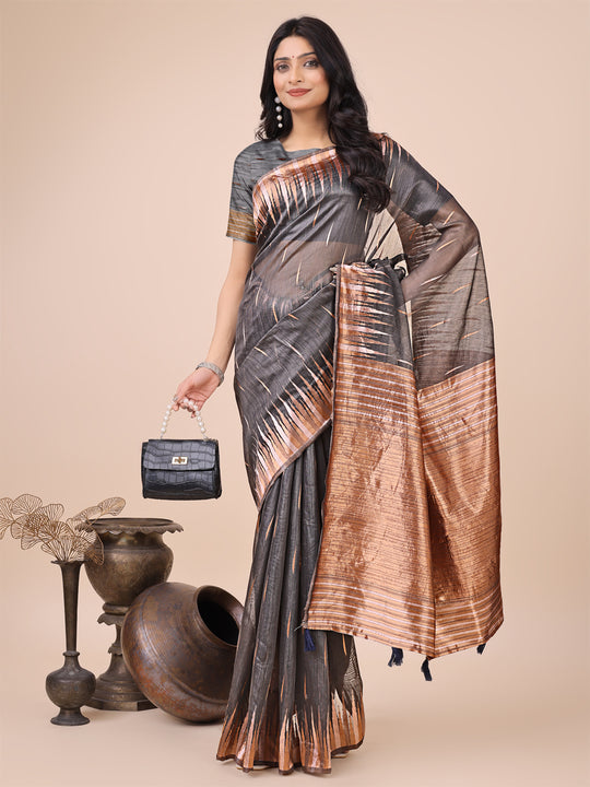 Grey Linen Cotton Saree With Blouse Piece