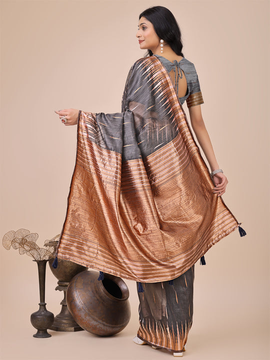Grey Linen Cotton Saree With Blouse Piece
