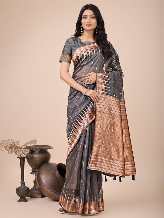 Grey Linen Cotton Saree With Blouse Piece