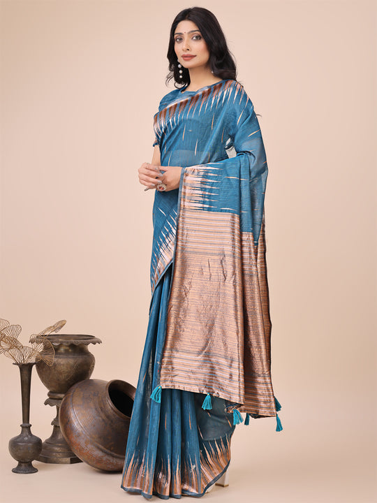 Blue Linen Cotton Saree With Blouse Piece
