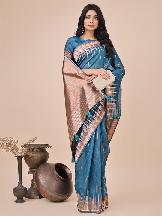 Blue Linen Cotton Saree With Blouse Piece