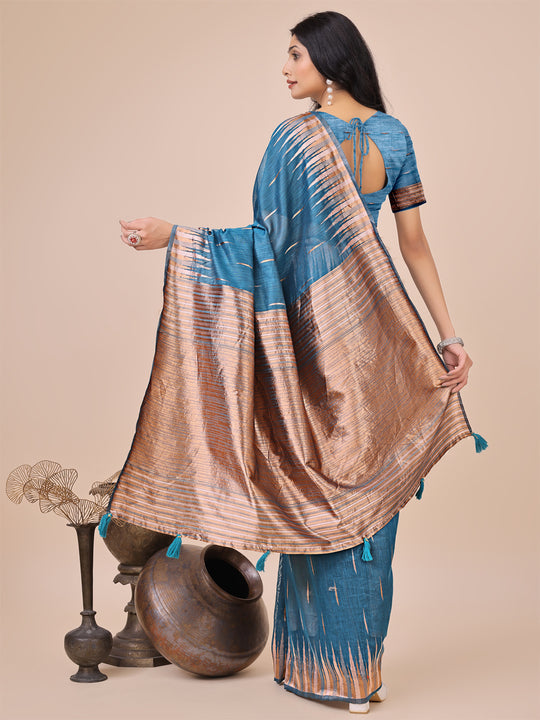 Blue Linen Cotton Saree With Blouse Piece