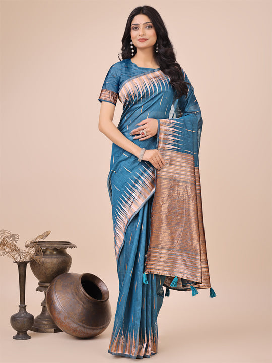 Blue Linen Cotton Saree With Blouse Piece