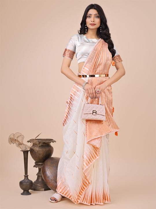 White Linen Cotton Saree With Blouse Piece