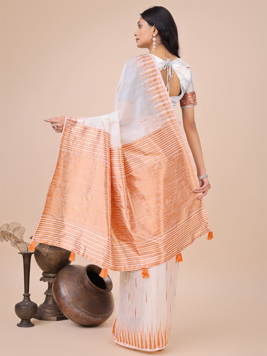 White Linen Cotton Saree With Blouse Piece