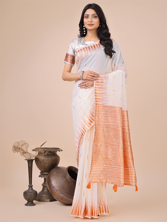 White Linen Cotton Saree With Blouse Piece