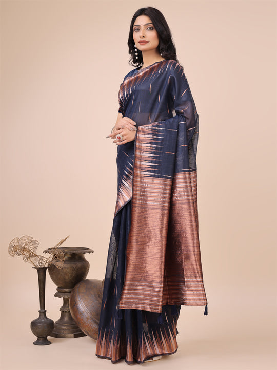 Navy Blue Linen Cotton Saree With Blouse Piece