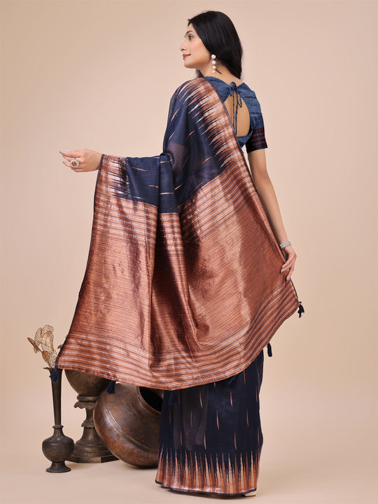 Navy Blue Linen Cotton Saree With Blouse Piece
