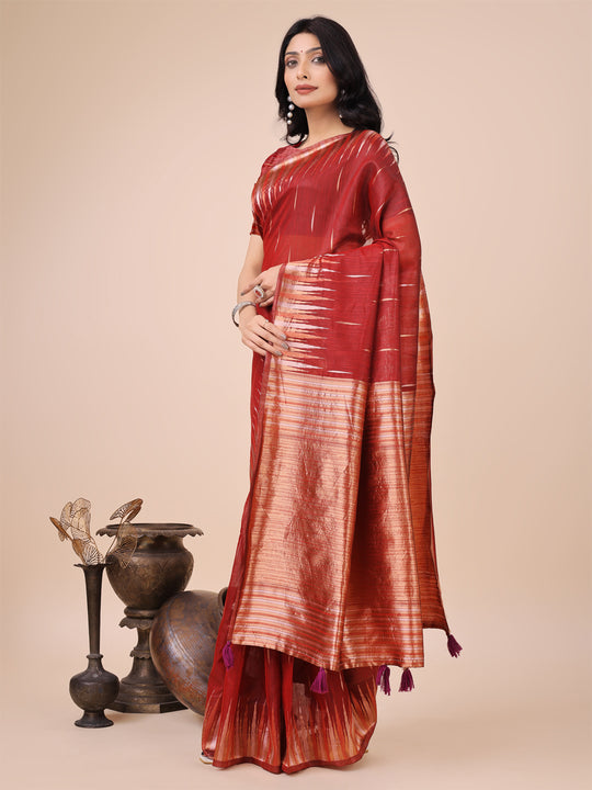 Red Linen Cotton Saree With Blouse Piece