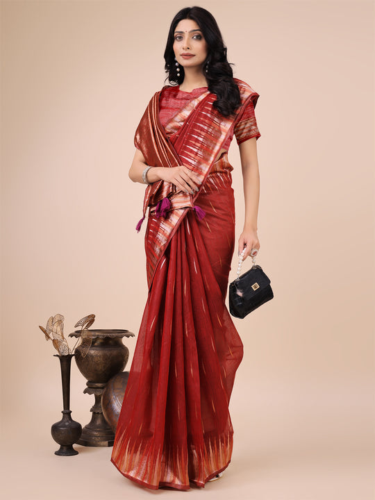Red Linen Cotton Saree With Blouse Piece