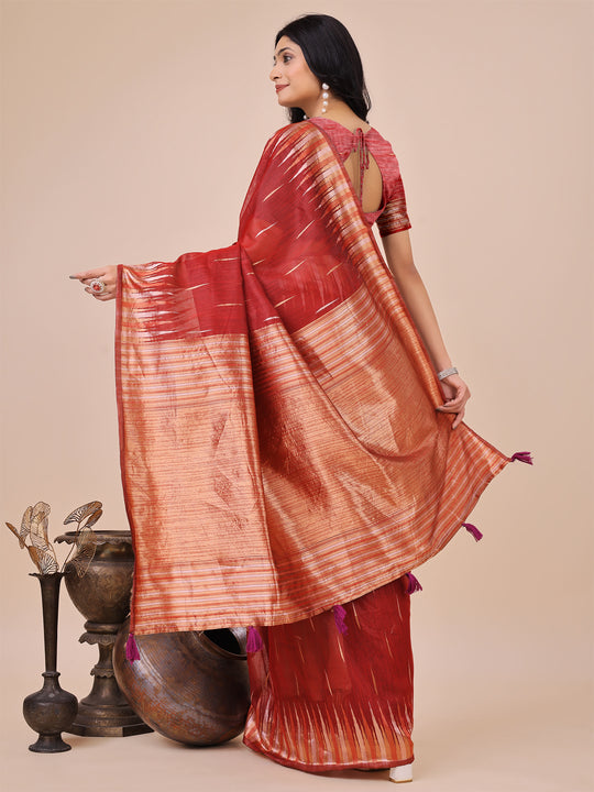 Red Linen Cotton Saree With Blouse Piece