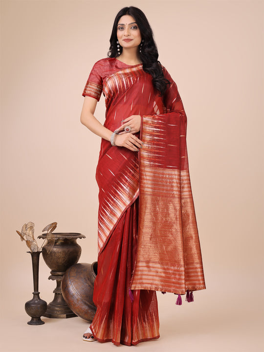 Red Linen Cotton Saree With Blouse Piece