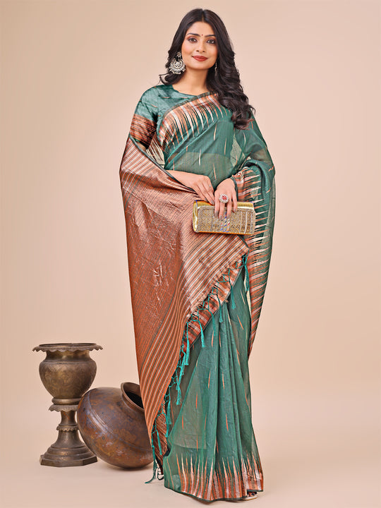 Green Linen Cotton Saree With Blouse Piece