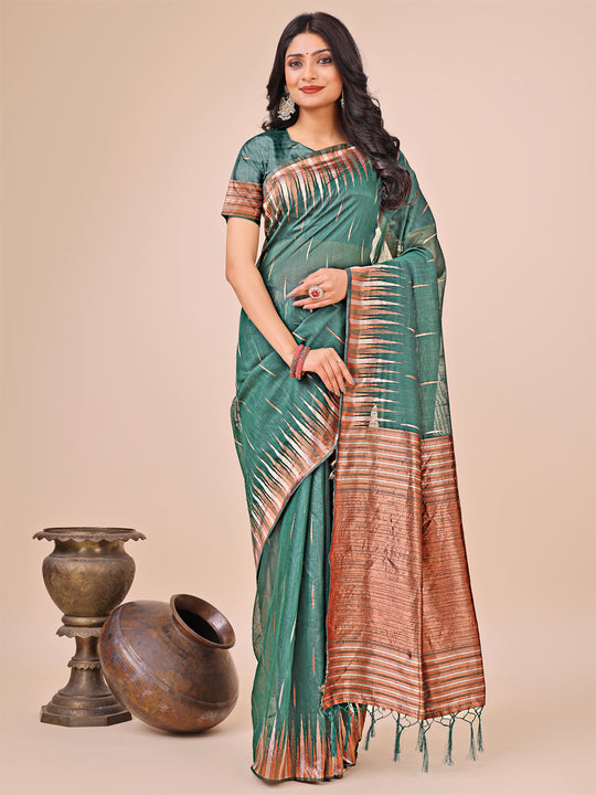 Green Linen Cotton Saree With Blouse Piece