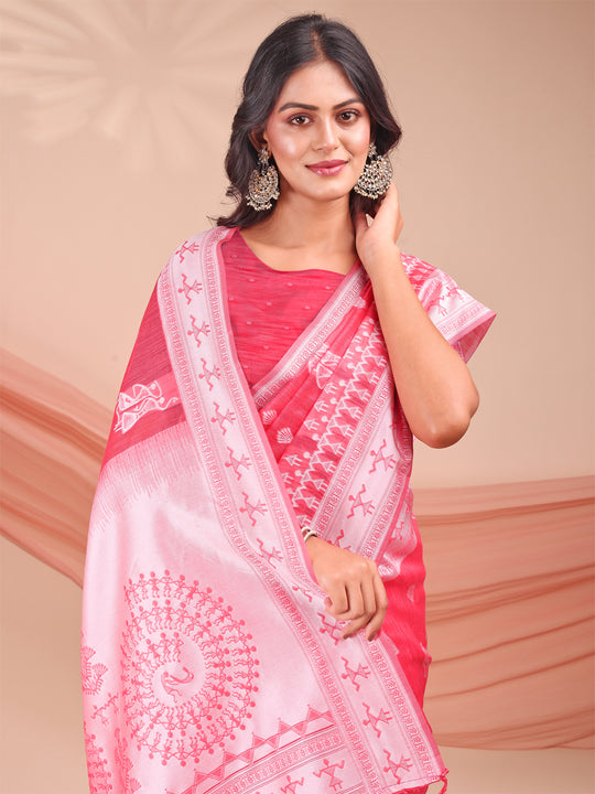 Pink Linen Cotton Saree With Blouse Piece