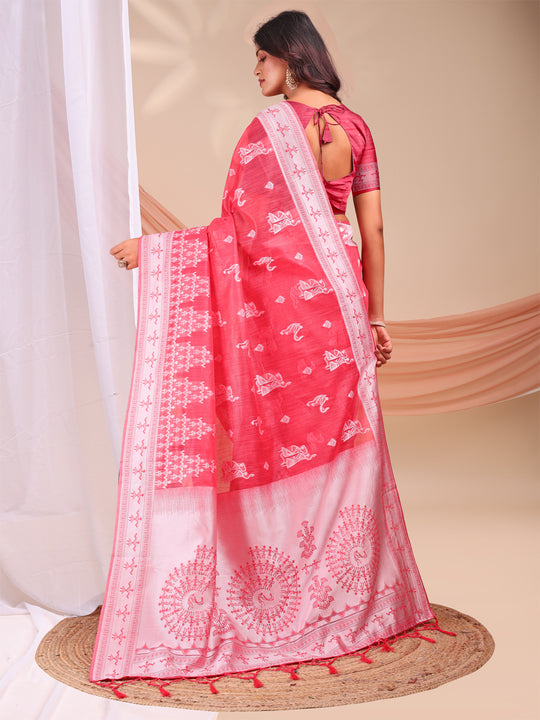 Pink Linen Cotton Saree With Blouse Piece