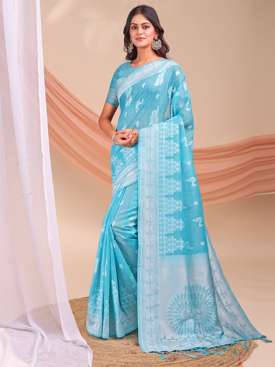 Sky Blue Linen Cotton Saree With Blouse Piece