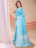 Sky Blue Linen Cotton Saree With Blouse Piece