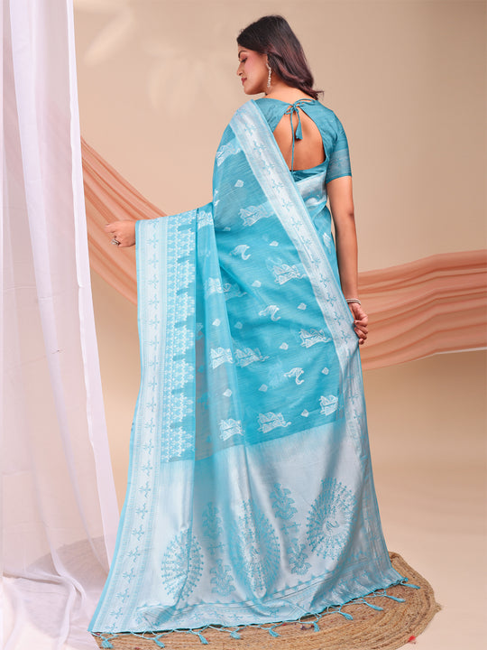 Sky Blue Linen Cotton Saree With Blouse Piece