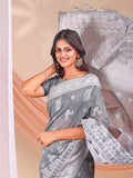 Grey Linen Cotton Saree With Blouse Piece
