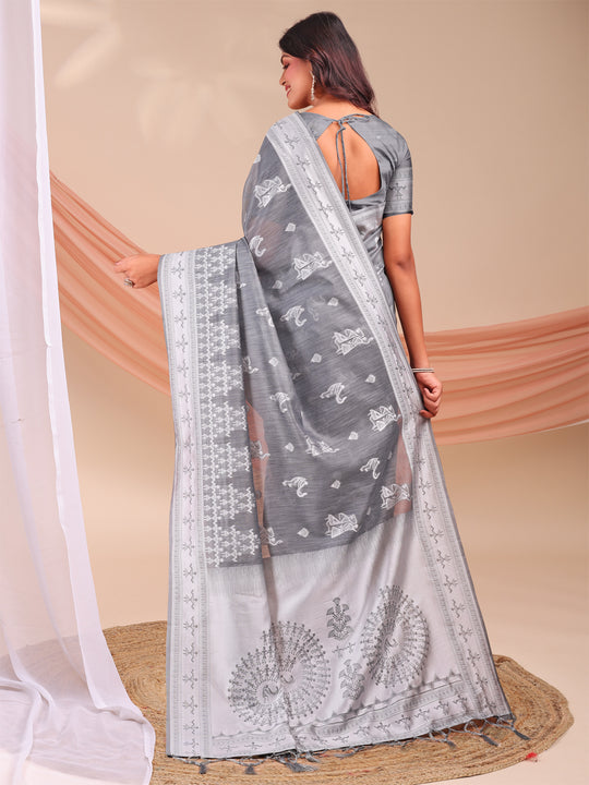 Grey Linen Cotton Saree With Blouse Piece