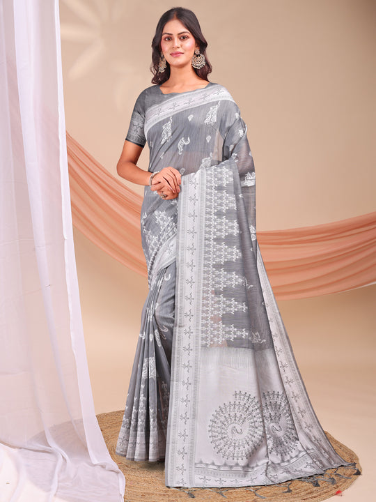 Grey Linen Cotton Saree With Blouse Piece