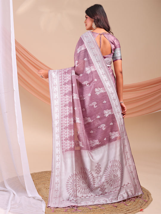 Purple Linen Cotton Saree With Blouse Piece
