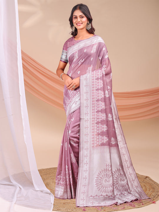 Purple Linen Cotton Saree With Blouse Piece