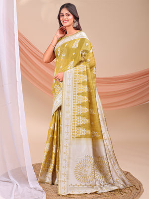 Mustard Linen Cotton Saree With Blouse Piece